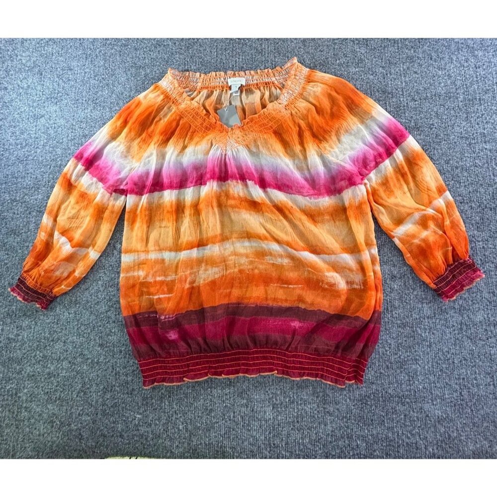 Chico's blouse Women's Small Tie Dye Ombre Smocked Hem & Cuff Top NWT